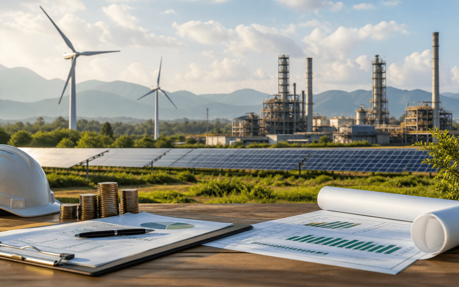 Renewable energy project beside an industrial facility with planning materials